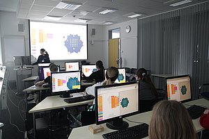 Mädchen sitzen am Computer im Rechnerlabor.