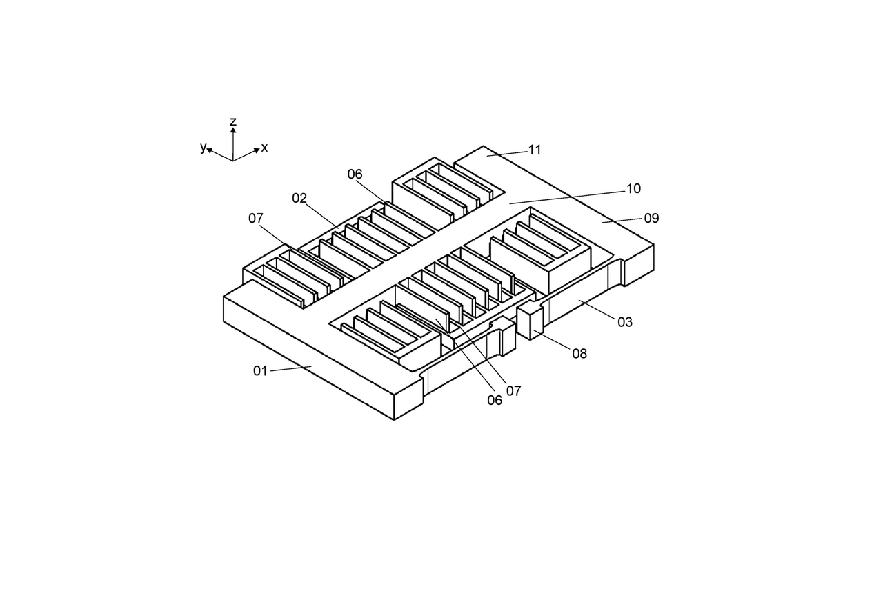 Eine perspektivische Ansicht eines Beschleunigungssensors in einem nicht ausgelenkten Zustand