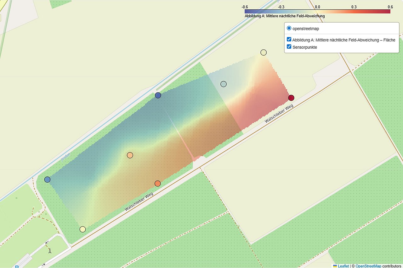 Illustration of the humidity-temperature distribution across a fruit cultivation area. Humidity-temperature sensors measure the temperature distribution within the orchard plot and indicate ‘cold air spots’. Source: OpenStreetMap/IMMS. Map showing 8 marked points for the sensors. Colour gradients illustrate the temperature distribution across the field.