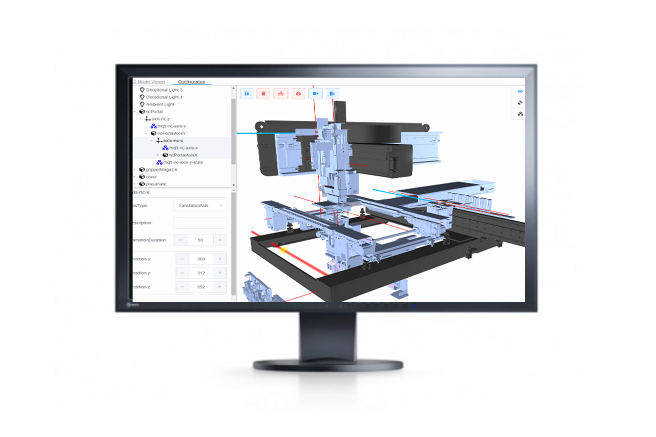 Die Firma REX Automatisierungstechnik ist mit dem digitalen Zwilling zu Gast am IMMS – damit kann man den Werkzeugkasten eines Softwareentwicklers für den Maschinenbau kennenlernen. Bild: REX Automatisierungstechnik GmbH. Monitor mit einer per 3D-Modellierung dargestellten Maschine.