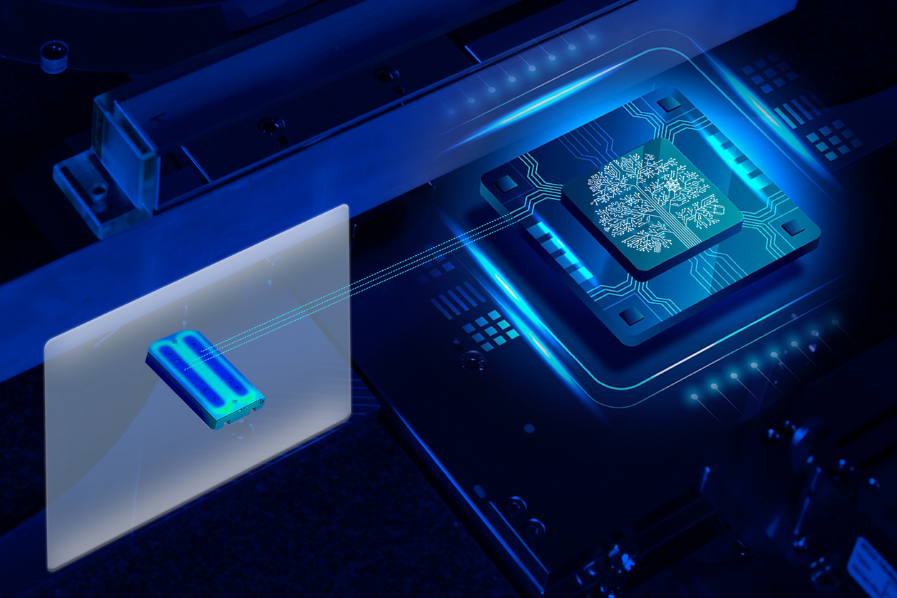 In VirtuSen, the aim is to use a small number of physical sensors to generate virtual sensors using AI methods. Photos/graphics: IMMS/Pixabay (u_8t3emw1yia). Symbolic image with parts of a precision drive, a model of a magnetic coil whose data is fed into or generated from an AI visualised as a chip with brain structures.