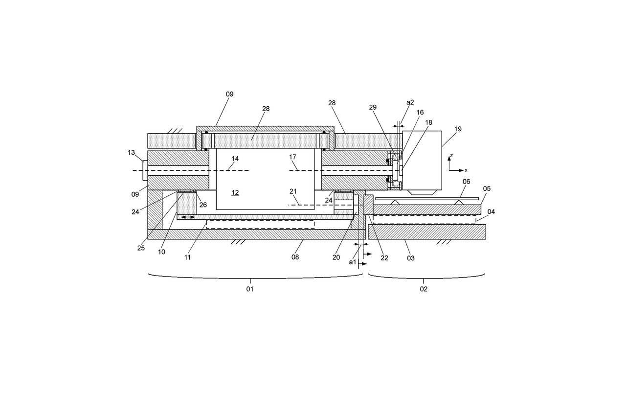 Simplified cross-sectional view of an interferometer system with sealing arrangement and coupled measuring table
