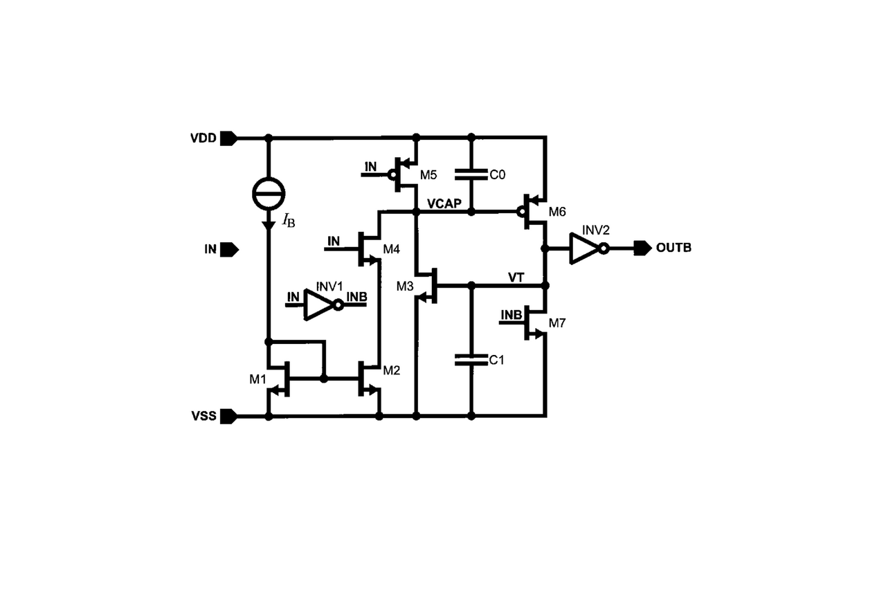 Simplified circuit diagram of an electronic delay circuit with a capacitive discharge element